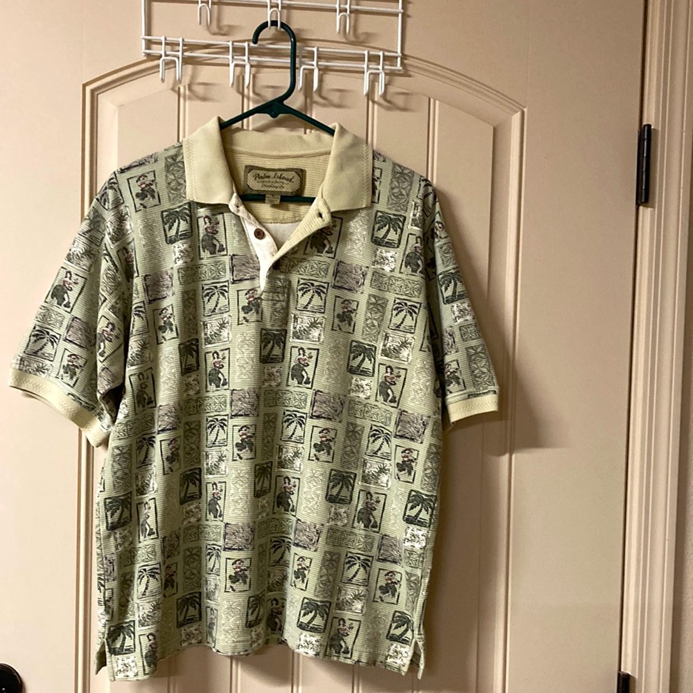 PALM ISLAND Clothing Hawaiian Hula Girl Palm Trees Short Sleeves Polo Size M